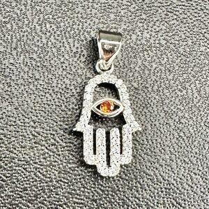 White Gold Hamsa Hand Pendant with Red and Clear Crystals